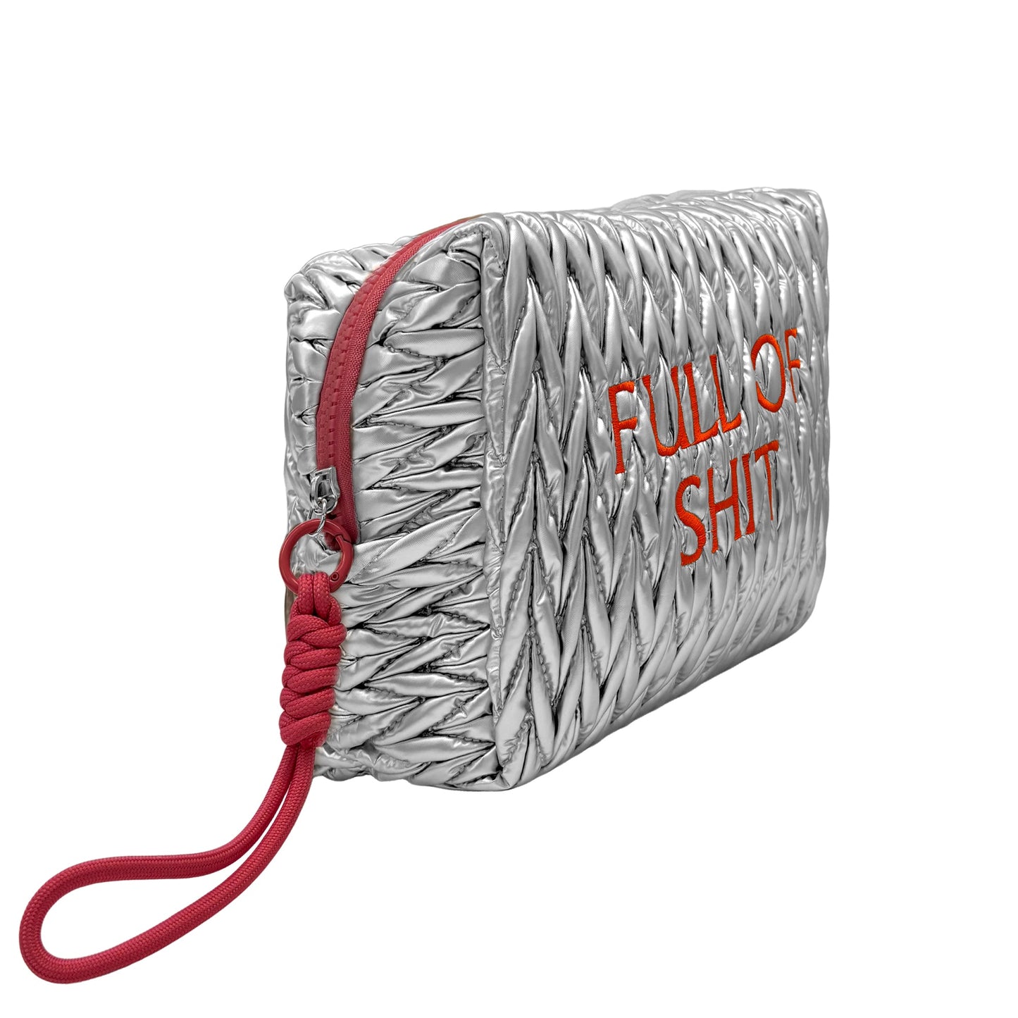 Silver LillyLovesLTD full of shit cosmetic bag, a stylish wash bag with bold text design and spacious interior for toiletries.