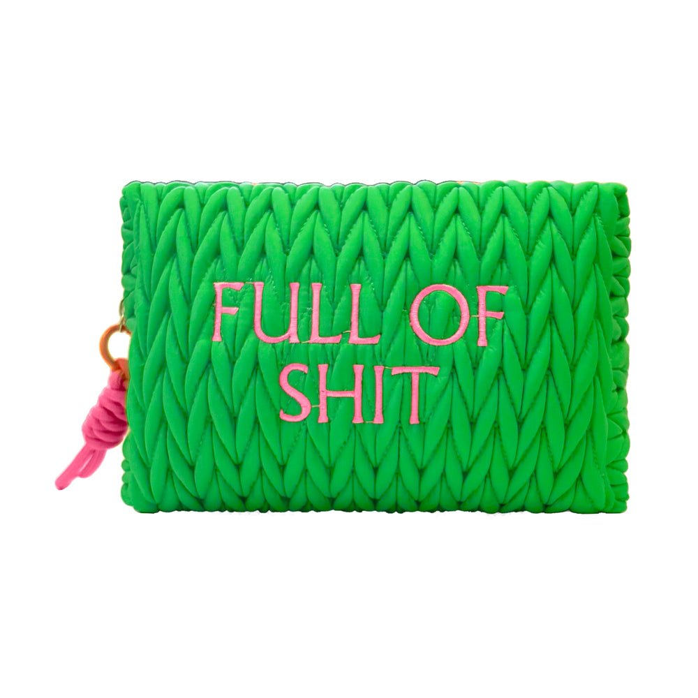 Green LillyLovesLTD full-of-shit cosmetic bag, soft fabric wash bag with bold printed design and zipper closure.