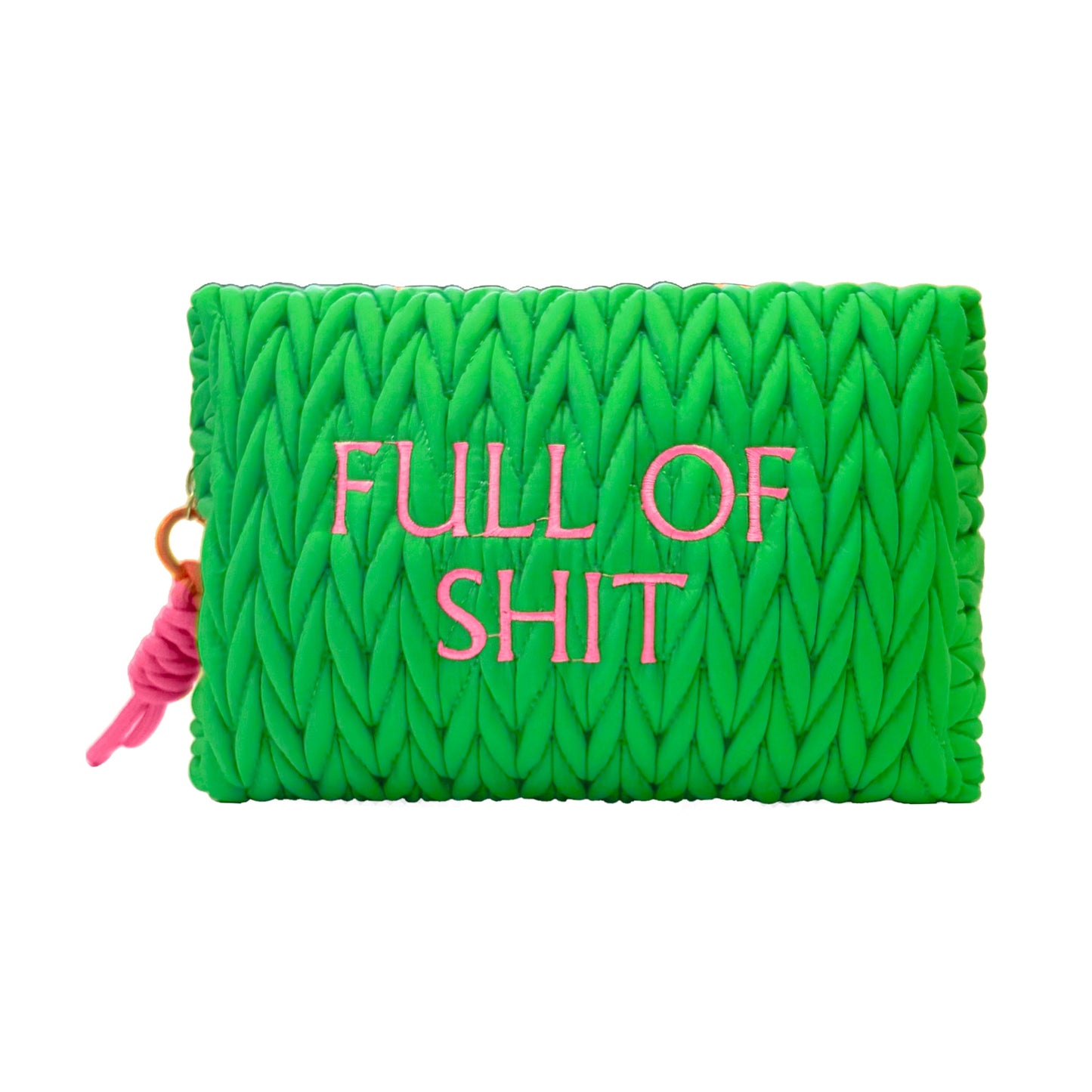 Green LillyLovesLTD full-of-shit cosmetic bag, soft fabric wash bag with bold printed design and zipper closure.