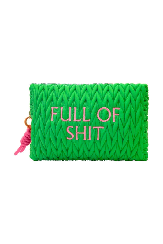 Green LillyLovesLTD full-of-shit cosmetic bag, soft fabric wash bag with bold printed design and zipper closure.