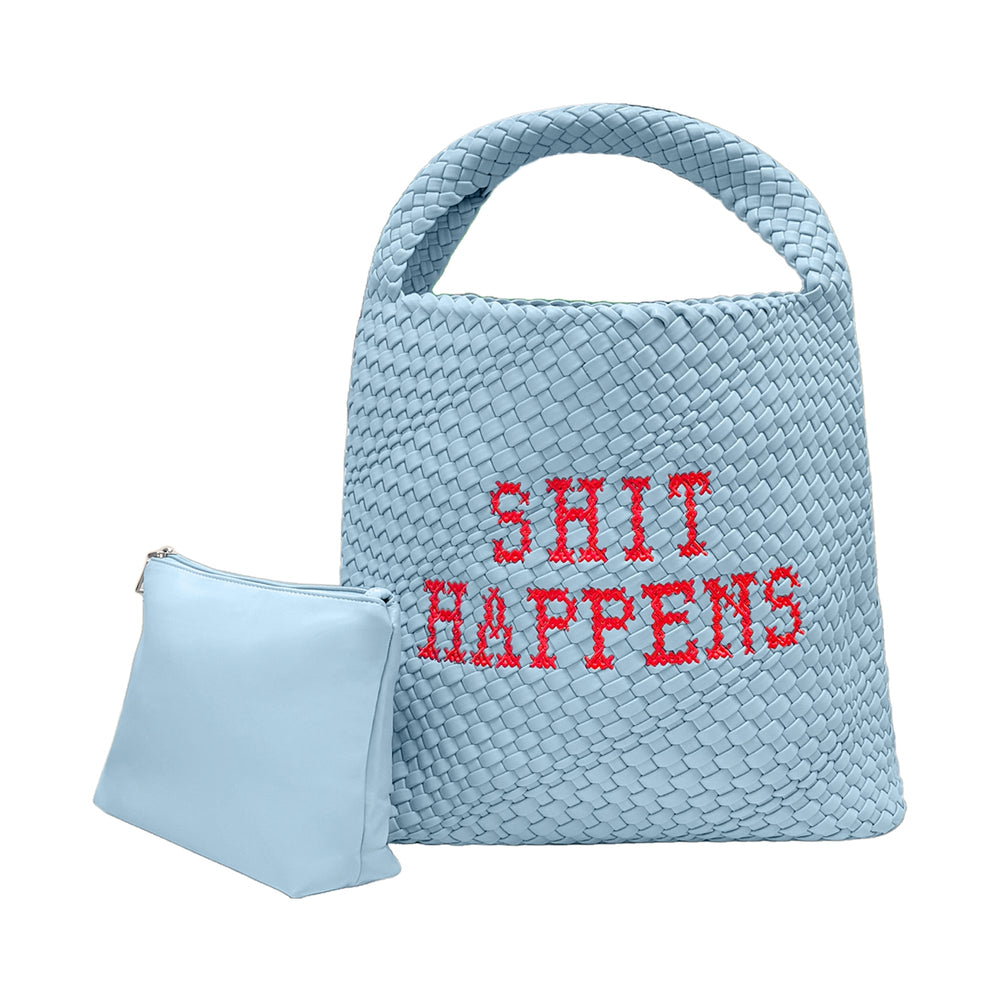Lilly Loves Shit Happens bucket handbag with leather strap and printed fabric body, stylish accessory for casual or evening wear.