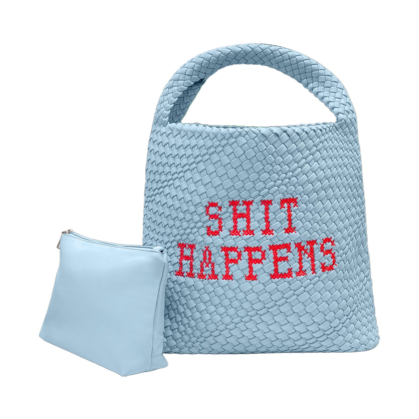 Lilly Loves Shit Happens bucket handbag with leather strap and printed fabric body, stylish accessory for casual or evening wear.