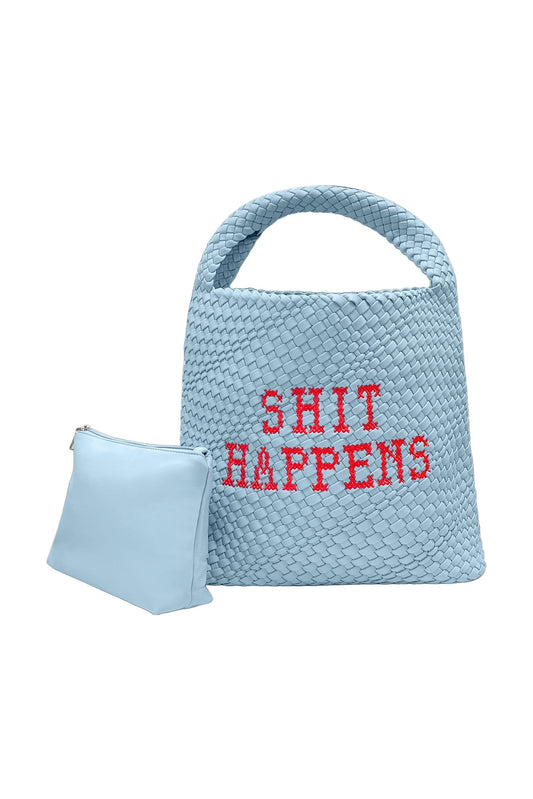 Lilly Loves Shit Happens bucket handbag with leather strap and printed fabric body, stylish accessory for casual or evening wear.