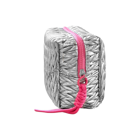 Silver squishy makeup bag by Lillyloves, a soft and flexible wash bag with a shiny, textured surface for storing cosmetics.