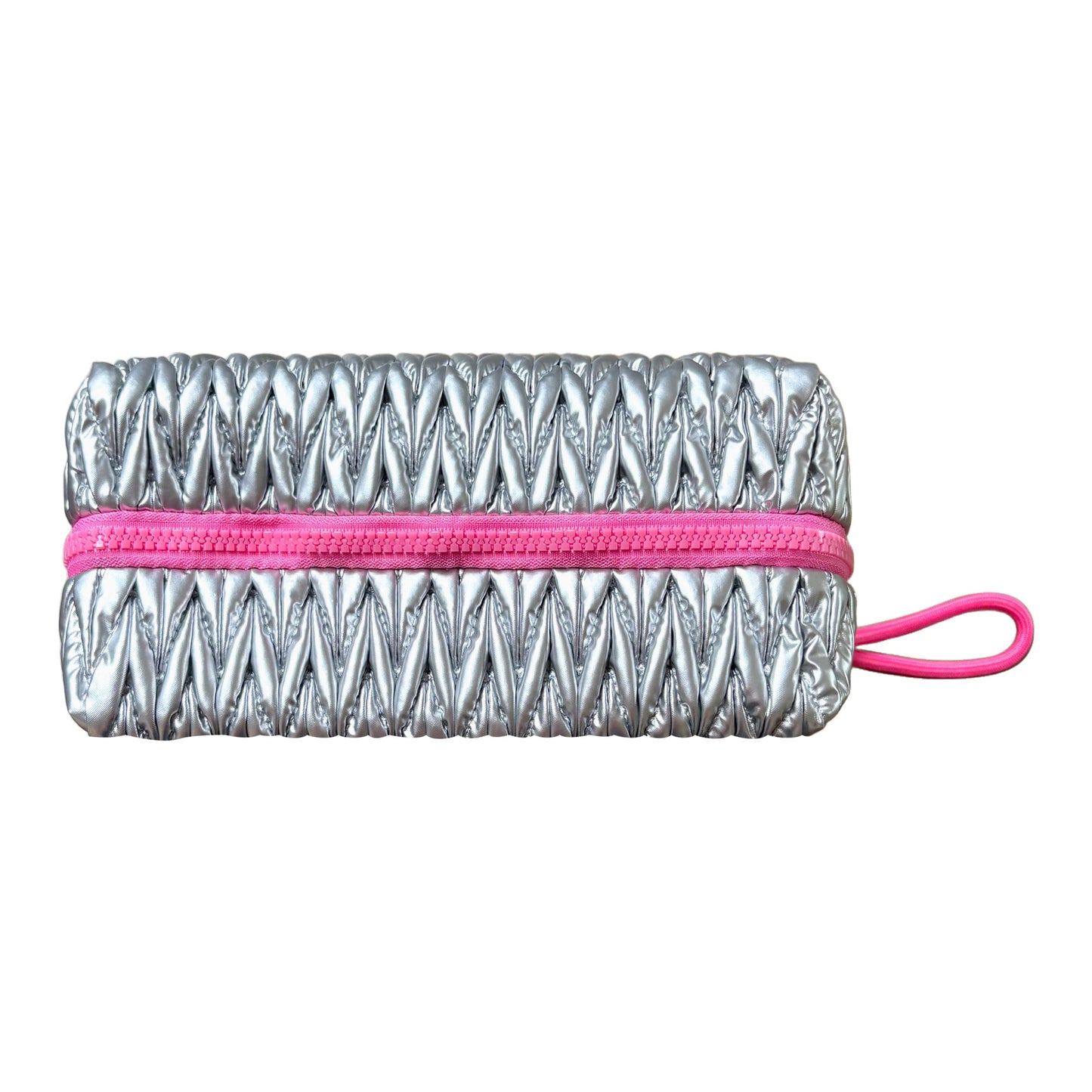 Lillyloves squishy silver makeup bag, a stylish wash bag with a soft, plush texture and compact design for cosmetics storage.