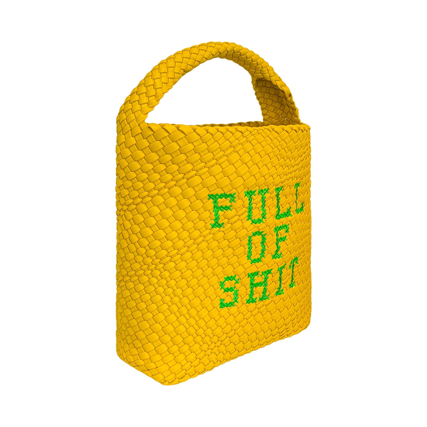 Yellow woven bucket handbag by Lilly Loves, showcasing textured fabric and stylish design with a round shape and shoulder strap.