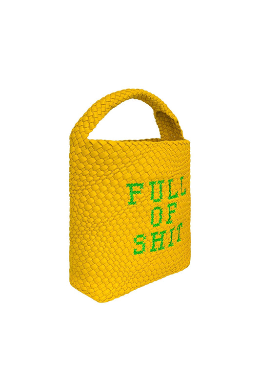 Yellow woven bucket handbag by Lilly Loves, showcasing textured fabric and stylish design with a round shape and shoulder strap.
