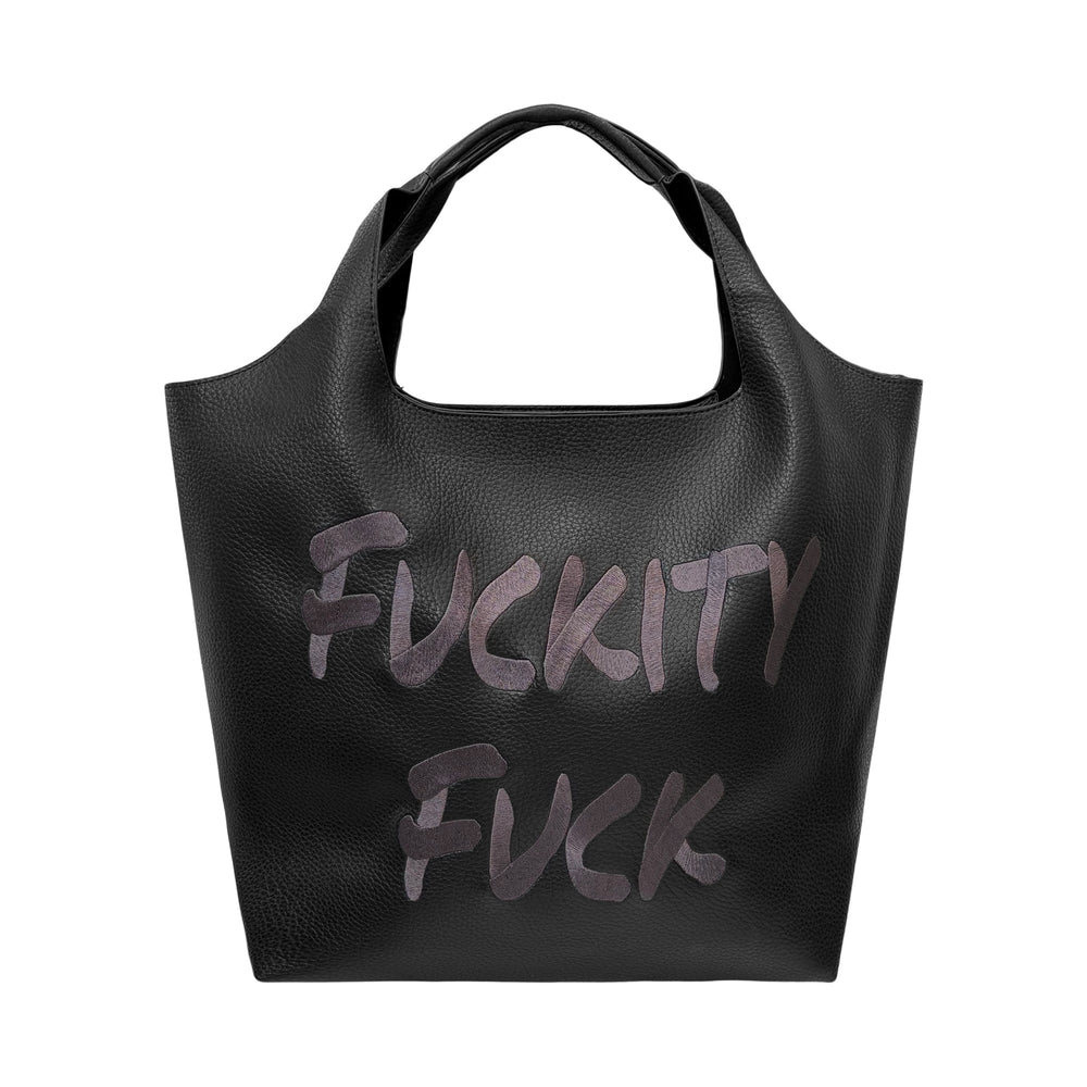 Lilly Loves Fuckity Fuck Vegan Handbag with bold black and white design, stylish tote bag with vegan leather finish.