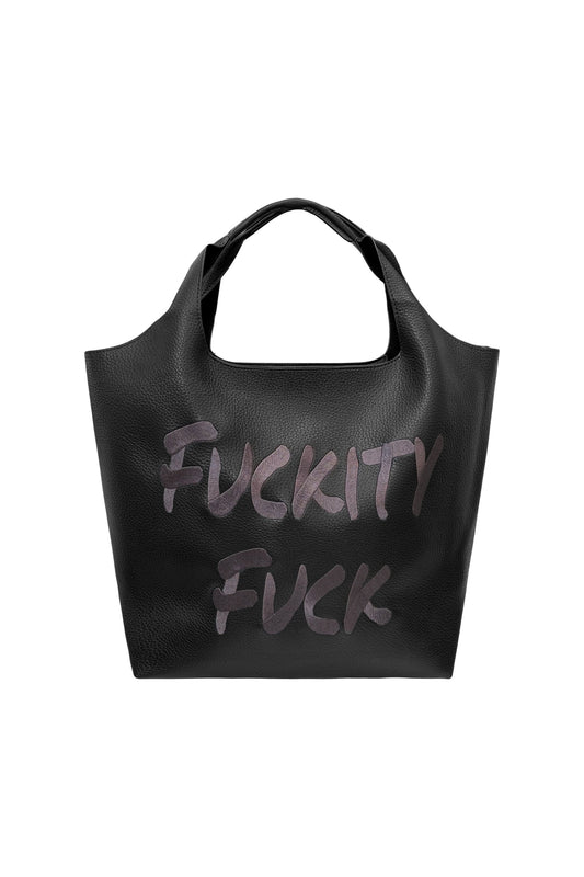 Lilly Loves Fuckity Fuck Vegan Handbag with bold black and white design, stylish tote bag with vegan leather finish.