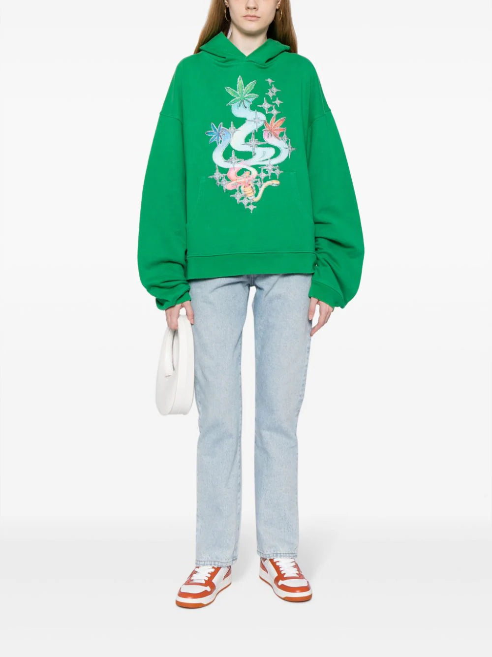 Leaf-print cotton hoodie