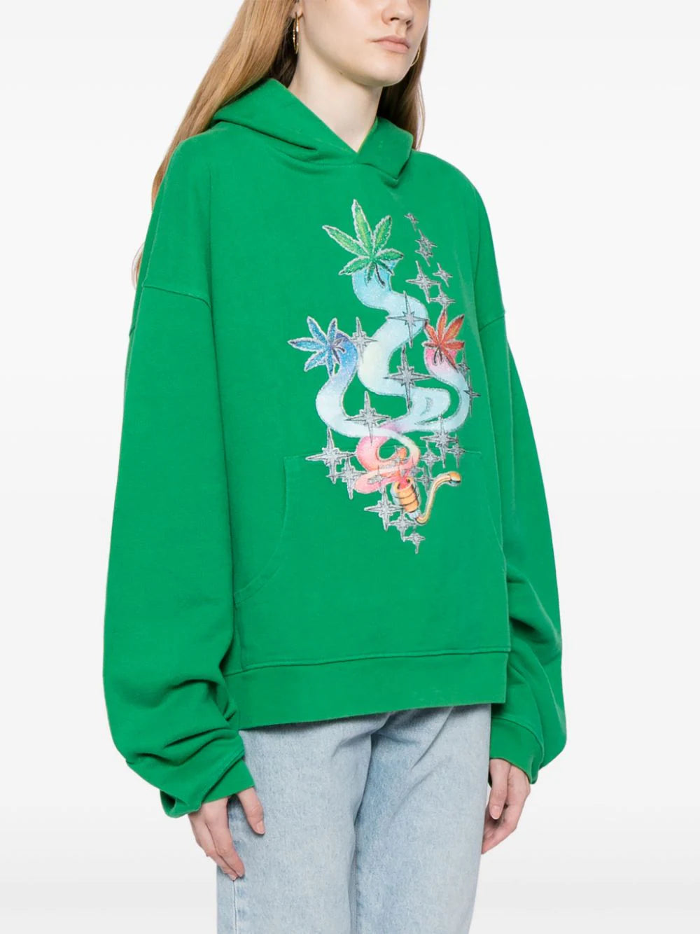 Leaf-print cotton hoodie