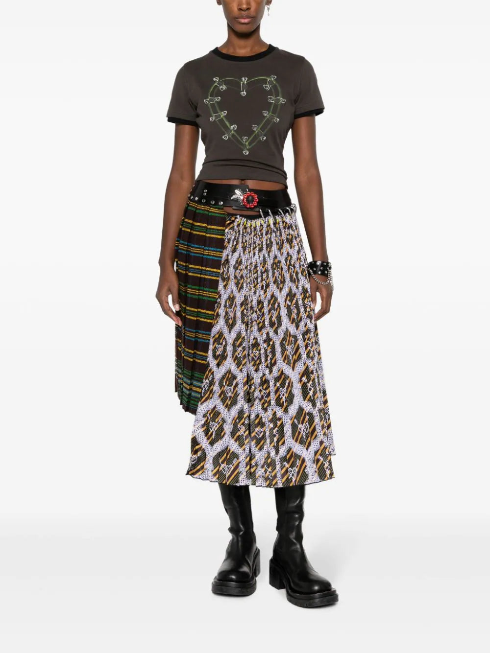 Graphic-print asymmetric pleated midi skirt