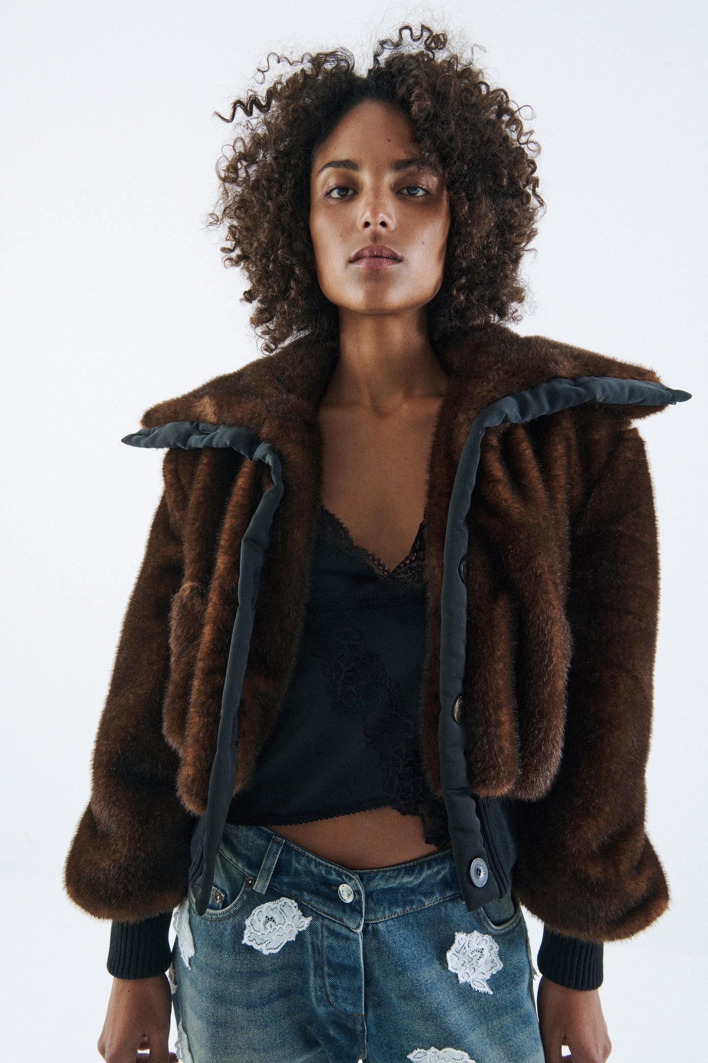 Vaillant faux mink bomber jacket in luxury faux fur with oversized collar