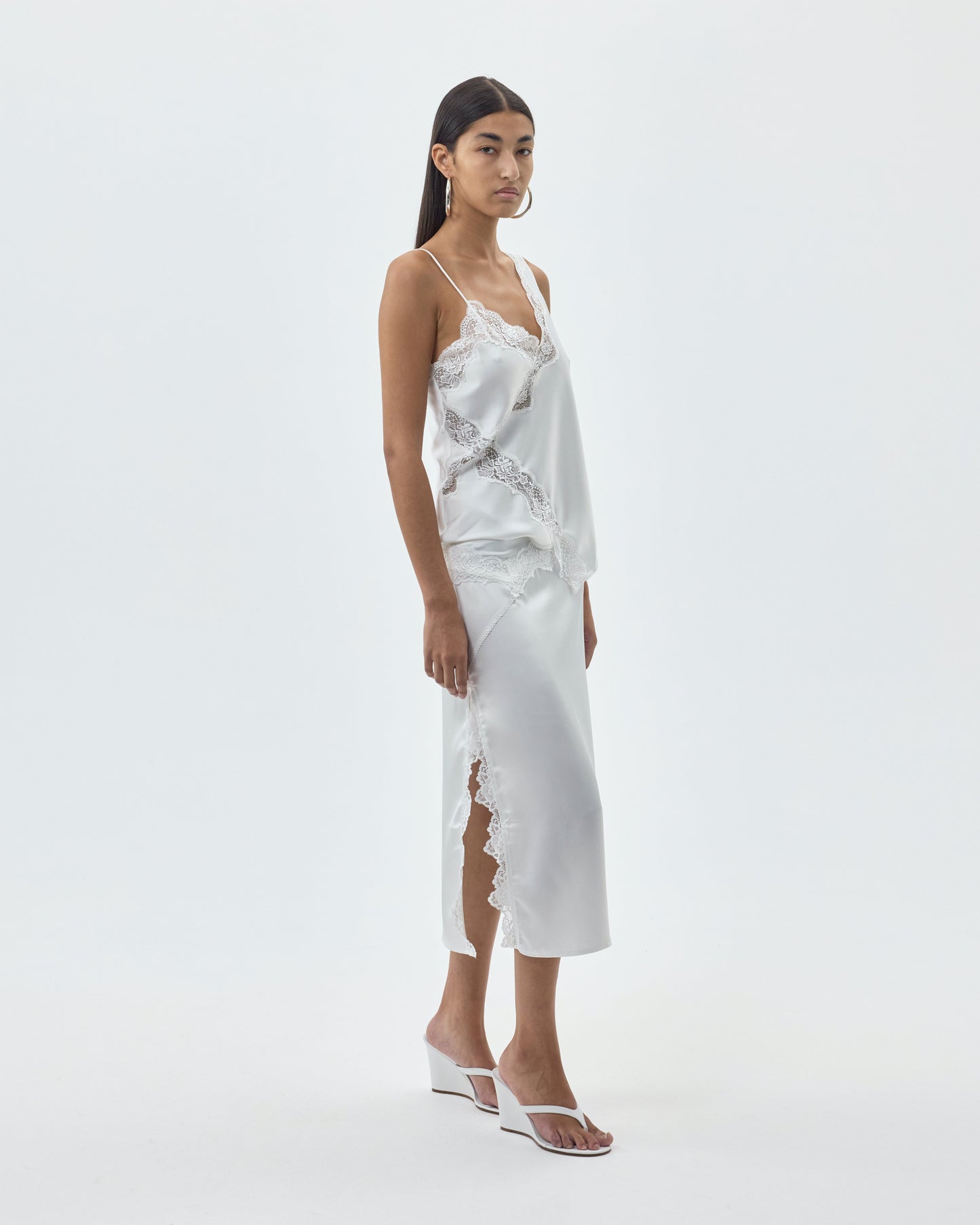 SATIN ASYMMETRICAL TANK TOP WITH LACE DETAIL