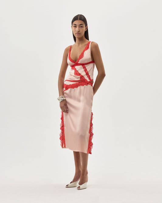 SIGNATURE SATIN ASYMMETRIC LACE TANK TOP