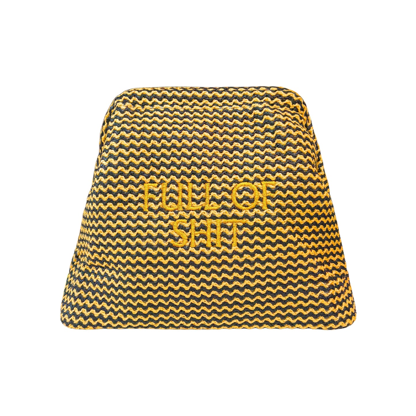 Lilly Loves Full Of Shit Gold Straw Clutch pouch with a woven straw texture and bold lettering, stylish and compact for essentials.