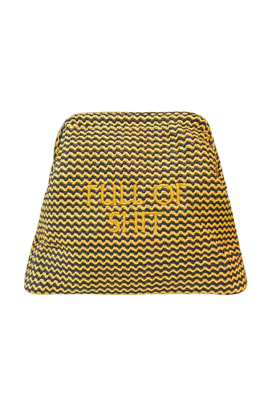 Lilly Loves Full Of Shit Gold Straw Clutch pouch with a woven straw texture and bold lettering, stylish and compact for essentials.