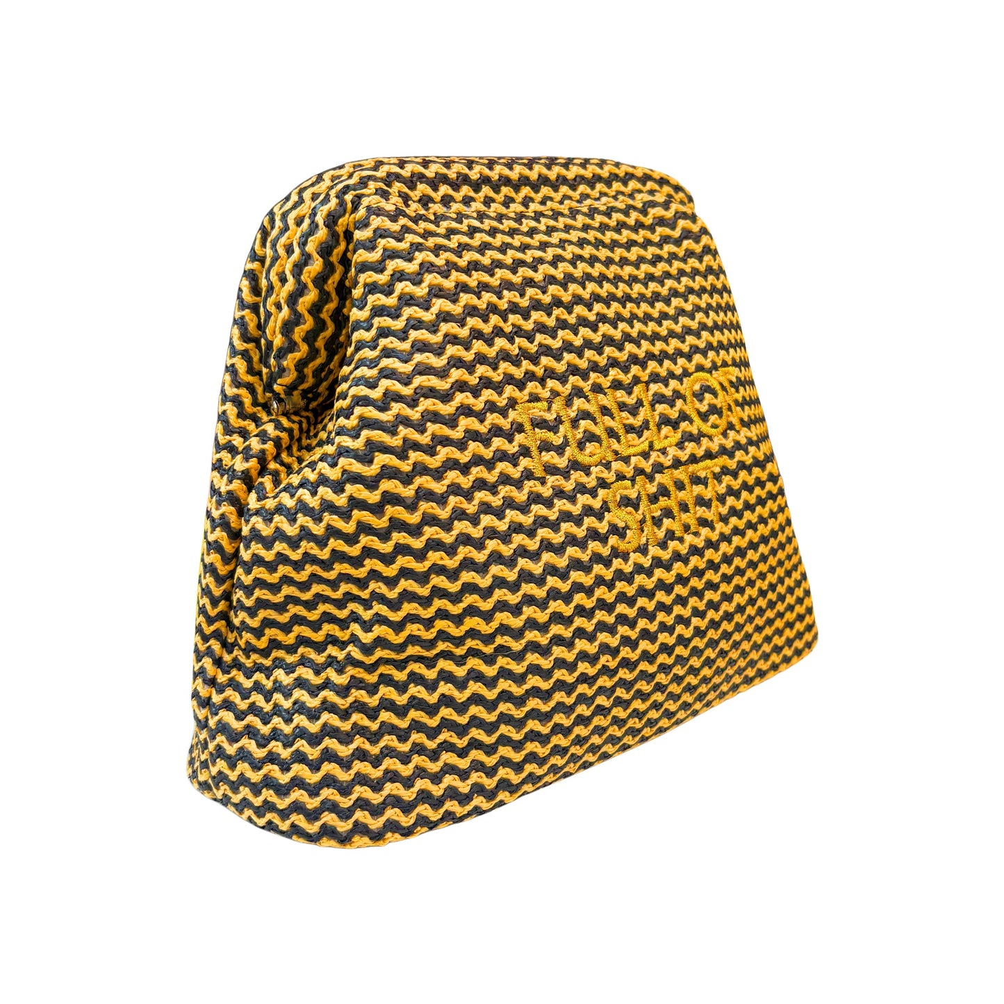 Lilly Loves Full Of Shit Gold Straw Clutch pouch with textured straw material and gold accents, stylish accessory for casual or evening wear.