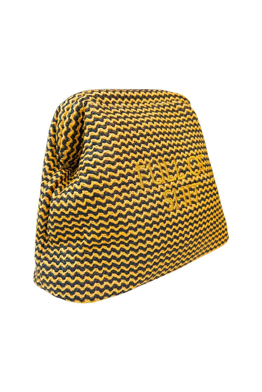 Lilly Loves Full Of Shit Gold Straw Clutch pouch with textured straw material and gold accents, stylish accessory for casual or evening wear.