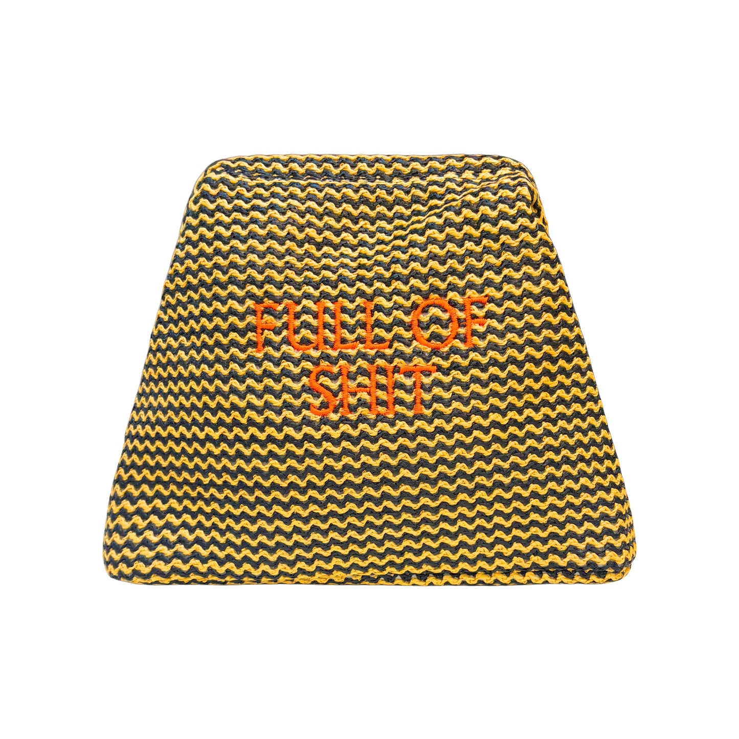 Orange straw clutch pouch by Lilly Loves with "Full Of Shit" text, featuring a woven design and compact size for carrying essentials.