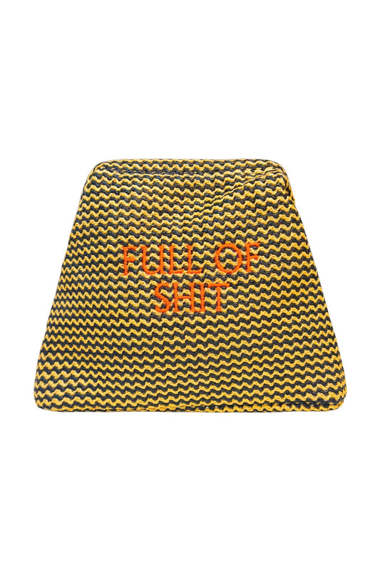 Orange straw clutch pouch by Lilly Loves with "Full Of Shit" text, featuring a woven design and compact size for carrying essentials.
