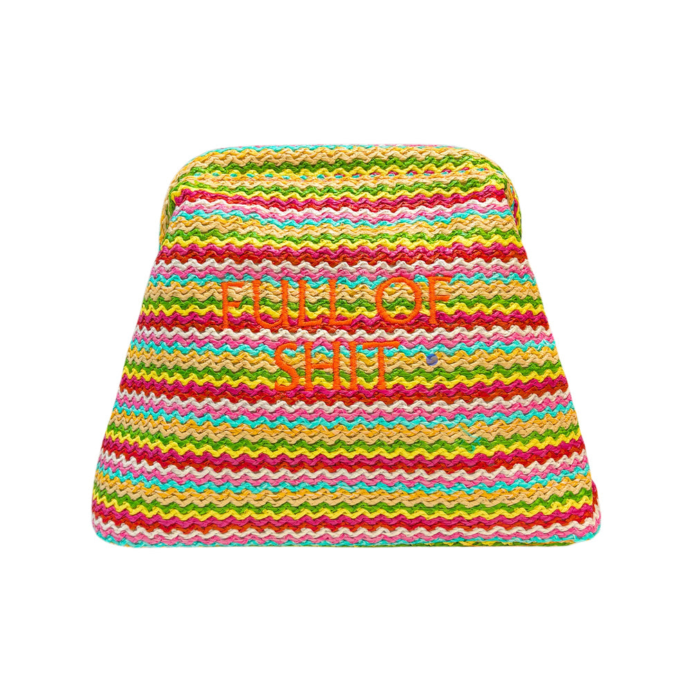 Colorful rainbow-themed Lilly Loves full of shit straw clutch pouch with zipper closure, featuring vibrant rainbow design and compact size.