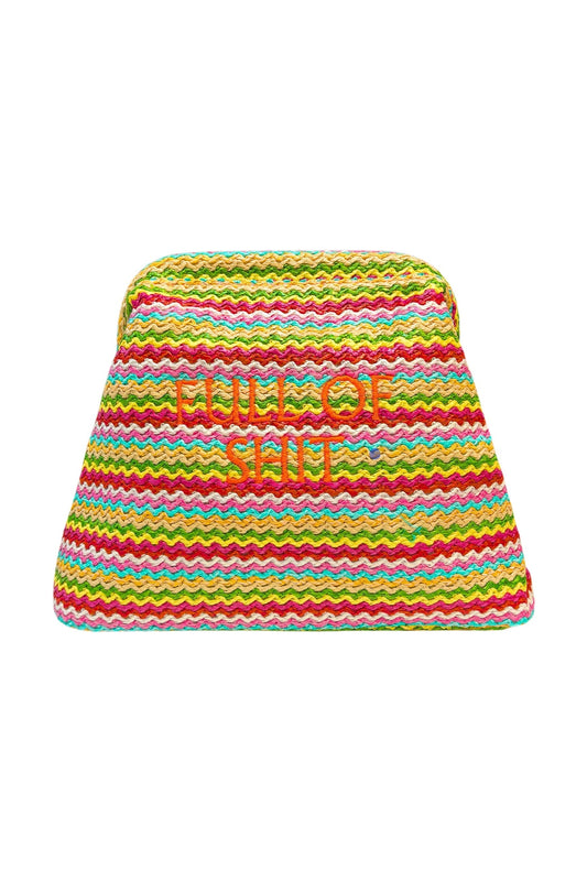 Colorful rainbow-themed Lilly Loves full of shit straw clutch pouch with zipper closure, featuring vibrant rainbow design and compact size.