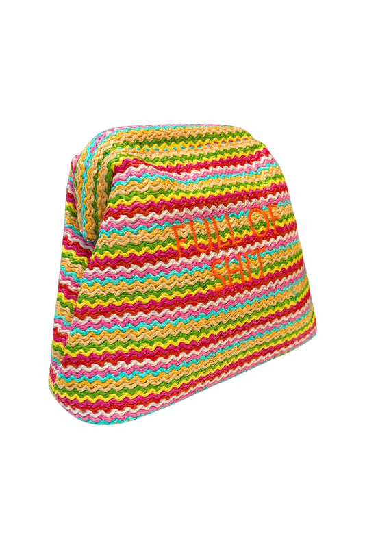 Lilly Loves Rainbow Full Of Shit straw clutch pouch with colorful rainbow design and zipper closure, stylish accessory.