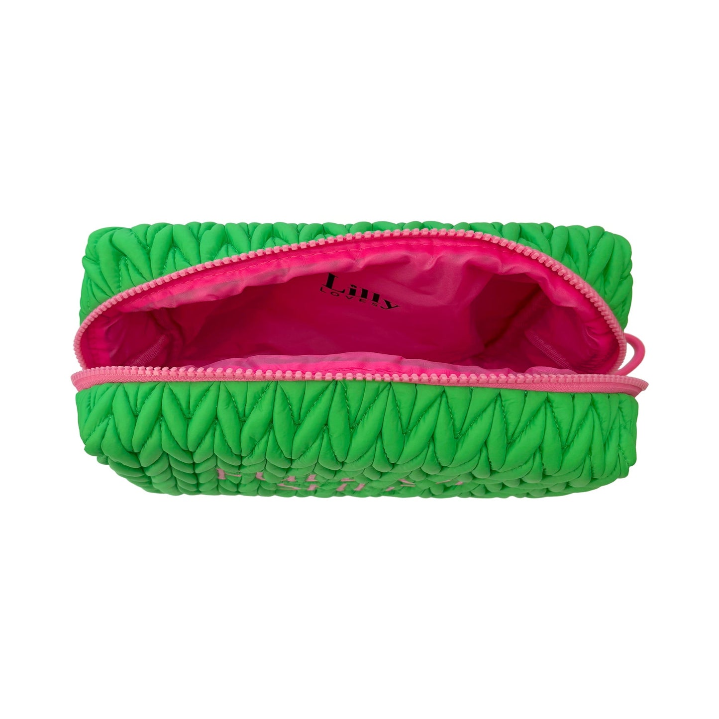 Green squishy makeup bag by Lillyloves, soft wash bag with a playful texture, ideal for storing cosmetics and toiletries.