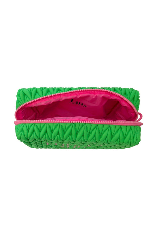 Green squishy makeup bag by Lillyloves, soft wash bag with a playful texture, ideal for storing cosmetics and toiletries.