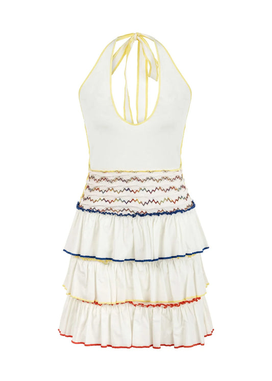 FLODY - Halterneck Mini Dress with Multicolor Piping