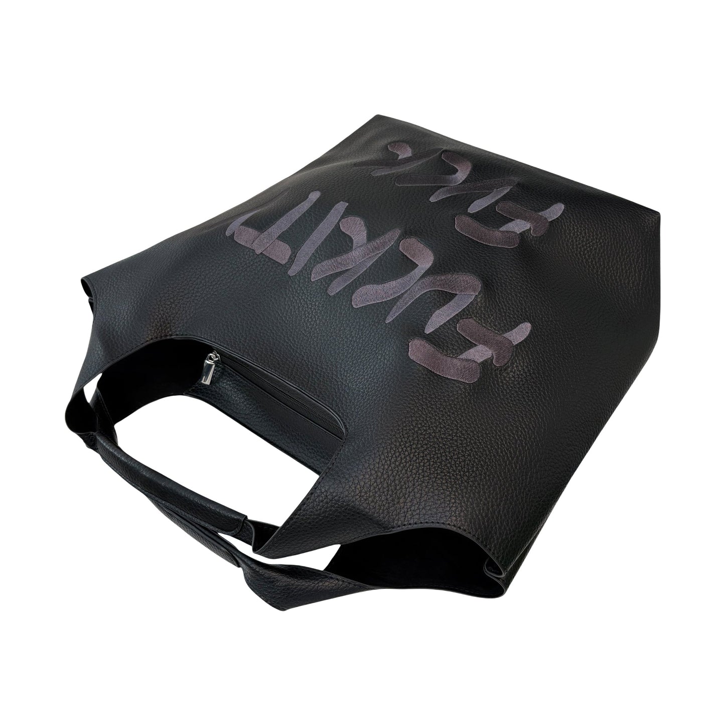 Lilly Loves Fuckity Fuck vegan handbag with bold text design, featuring black leather material and sturdy handle.