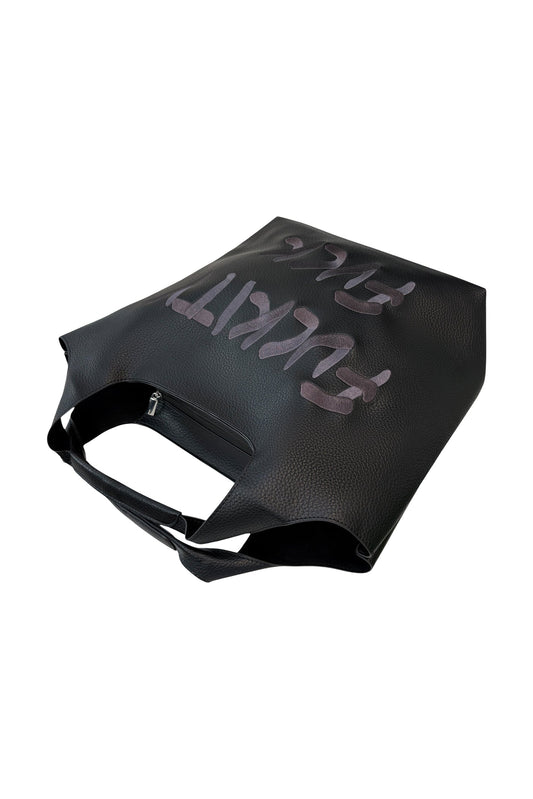 Lilly Loves Fuckity Fuck vegan handbag with bold text design, featuring black leather material and sturdy handle.