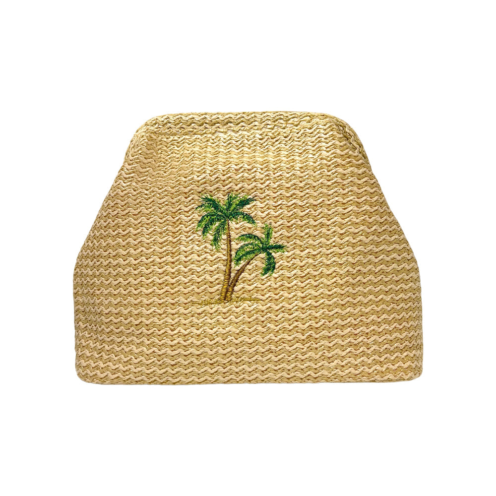 Lilly Loves Palm Tree Straw Clutch pouch with tropical palm leaf design and woven straw texture, ideal for summer accessories.