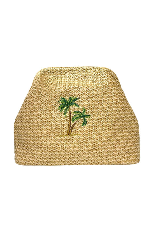 Lilly Loves Palm Tree Straw Clutch pouch with tropical palm leaf design and woven straw texture, ideal for summer accessories.