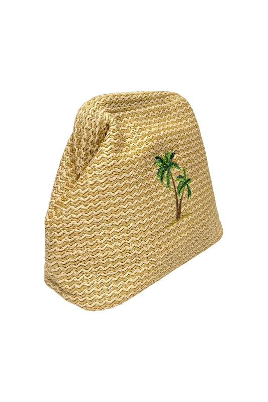 Lilly Loves Palm Tree Straw Clutch pouch with tropical palm leaf design and woven straw texture, perfect for summer accessories.