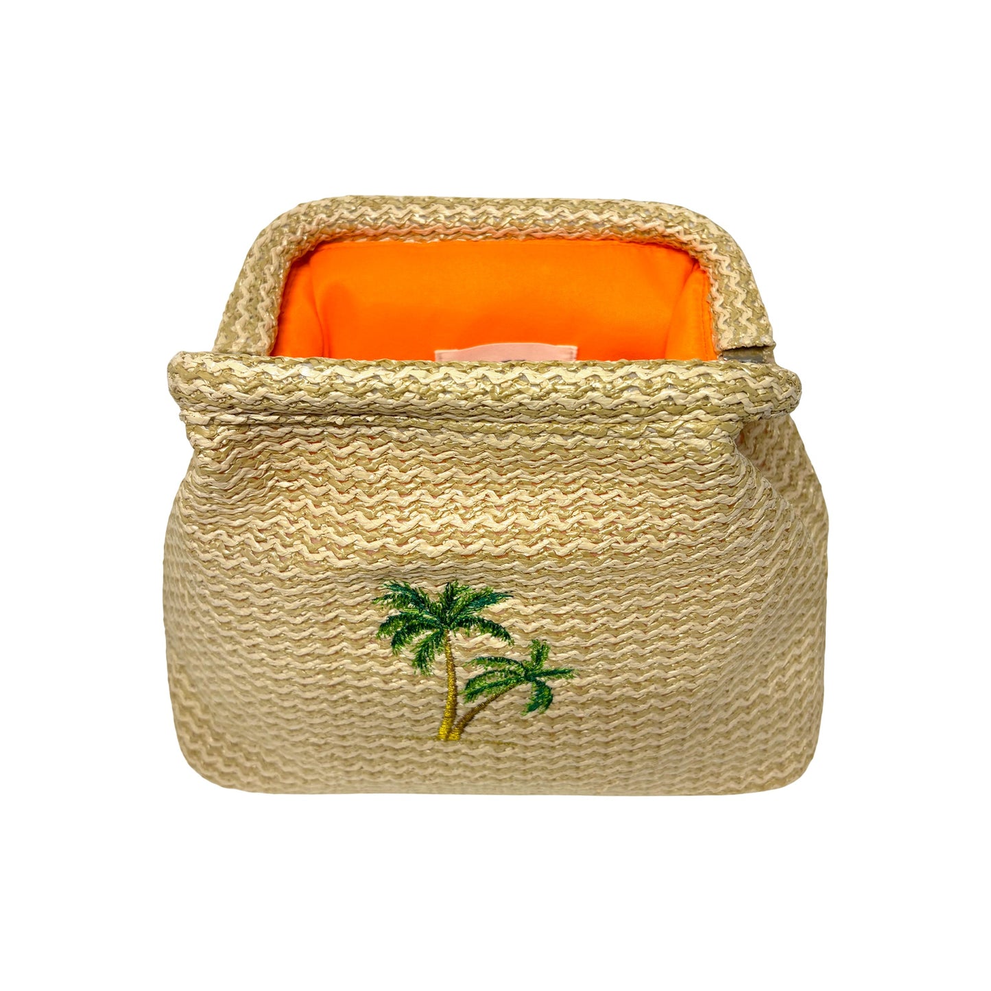 Lilly Loves Palm Tree Straw Clutch pouch with tropical palm leaf design and woven straw texture.