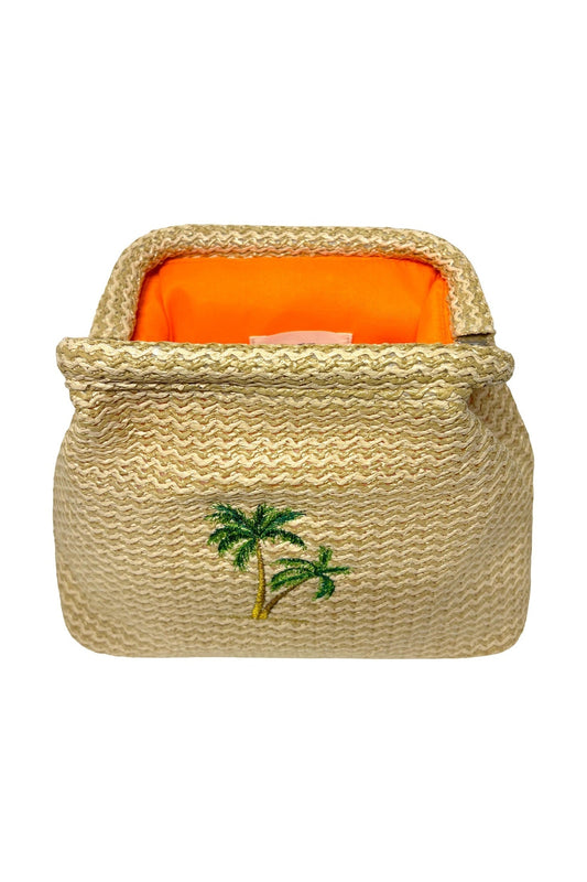 Lilly Loves Palm Tree Straw Clutch pouch with tropical palm leaf design and woven straw texture.