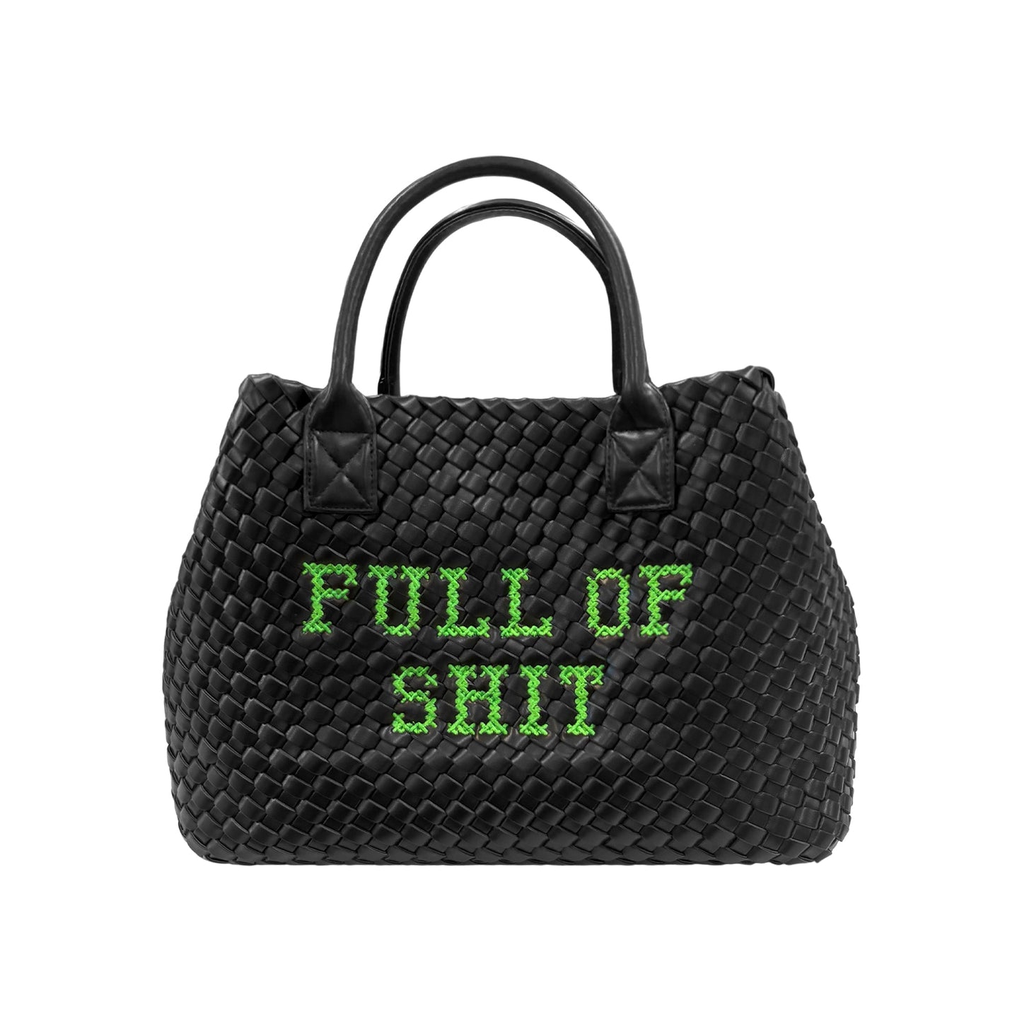 Vegan full of shit green handbag by Lilly Loves, stylish accessory with bold design and vibrant color, showing front view.