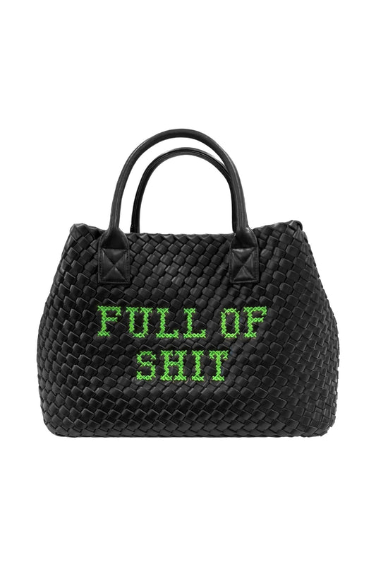 Vegan full of shit green handbag by Lilly Loves, stylish accessory with bold design and vibrant color, showing front view.