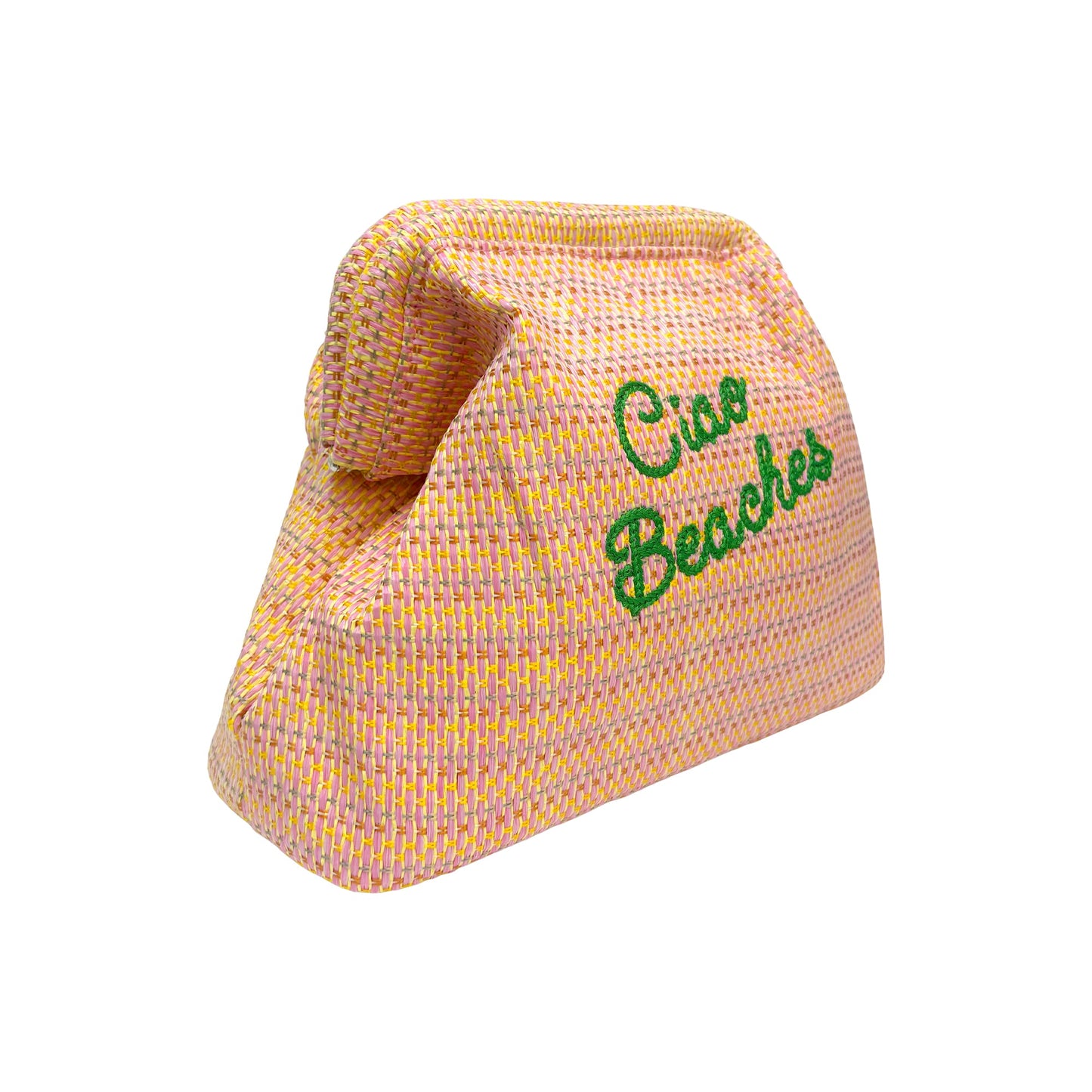 Lilly Loves Ciao Beaches pink clutch pouch with a stylish design, perfect for carrying essentials in a compact, fashionable accessory.