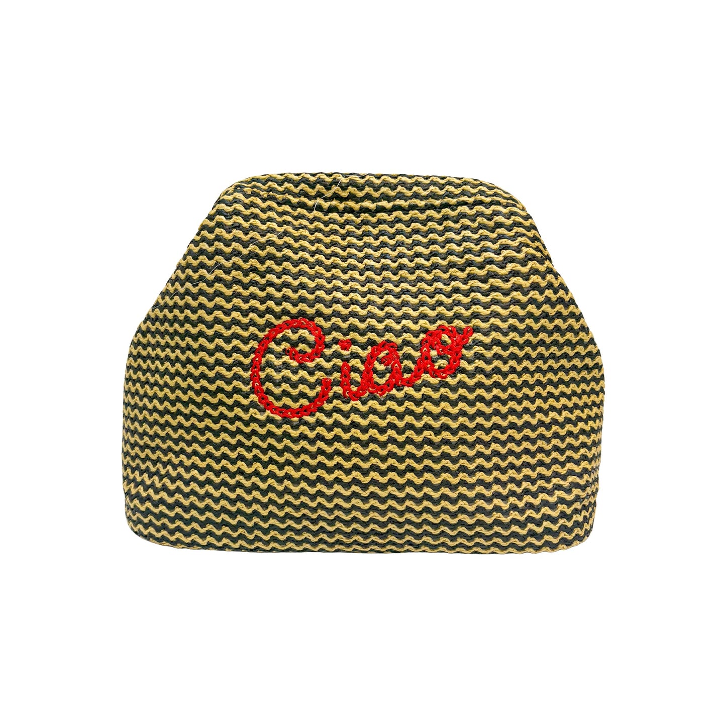 Lilly Loves Ciao black and straw clutch pouch with woven straw accents and a sleek black fabric body for stylish carry.