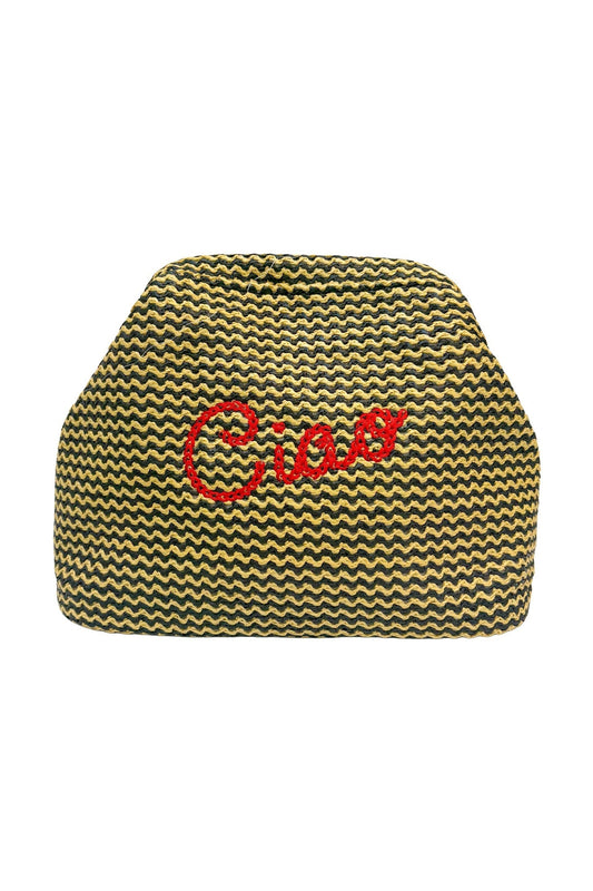 Lilly Loves Ciao black and straw clutch pouch with woven straw accents and a sleek black fabric body for stylish carry.