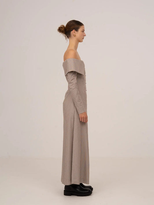Bardot Brown Striped Off Shoulder Maxi Dress