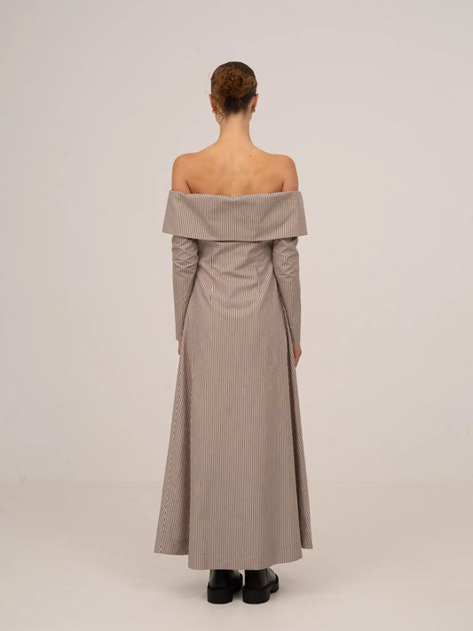 Bardot Brown Striped Off Shoulder Maxi Dress