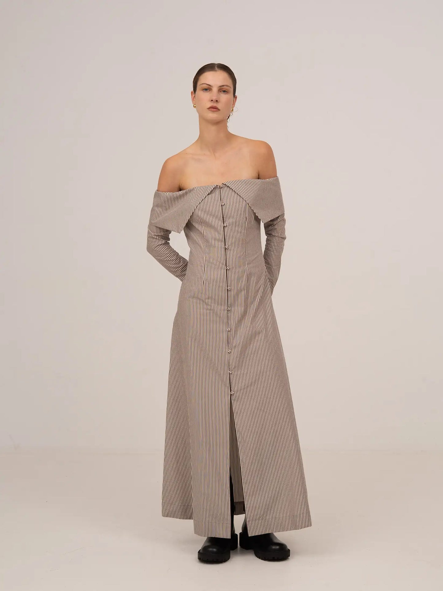 Bardot Brown Striped Off Shoulder Maxi Dress