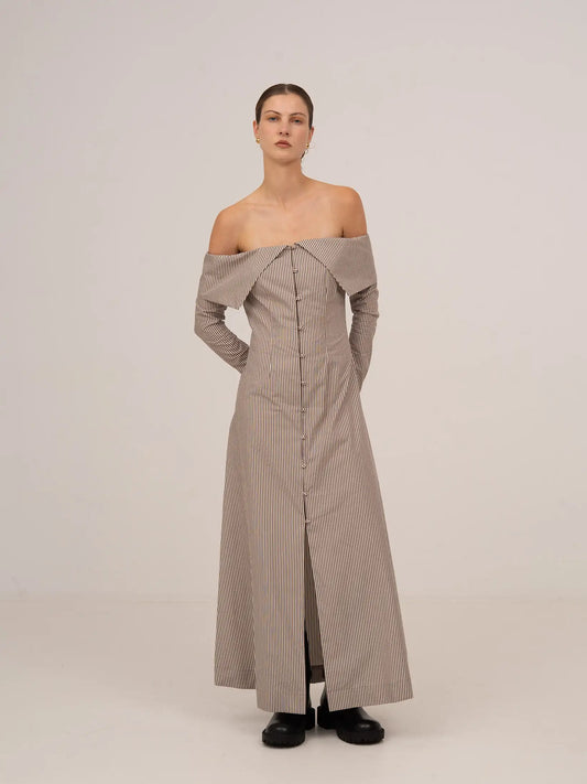 Bardot Brown Striped Off Shoulder Maxi Dress