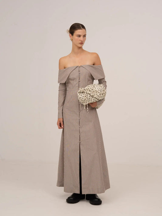 Bardot Brown Striped Off Shoulder Maxi Dress