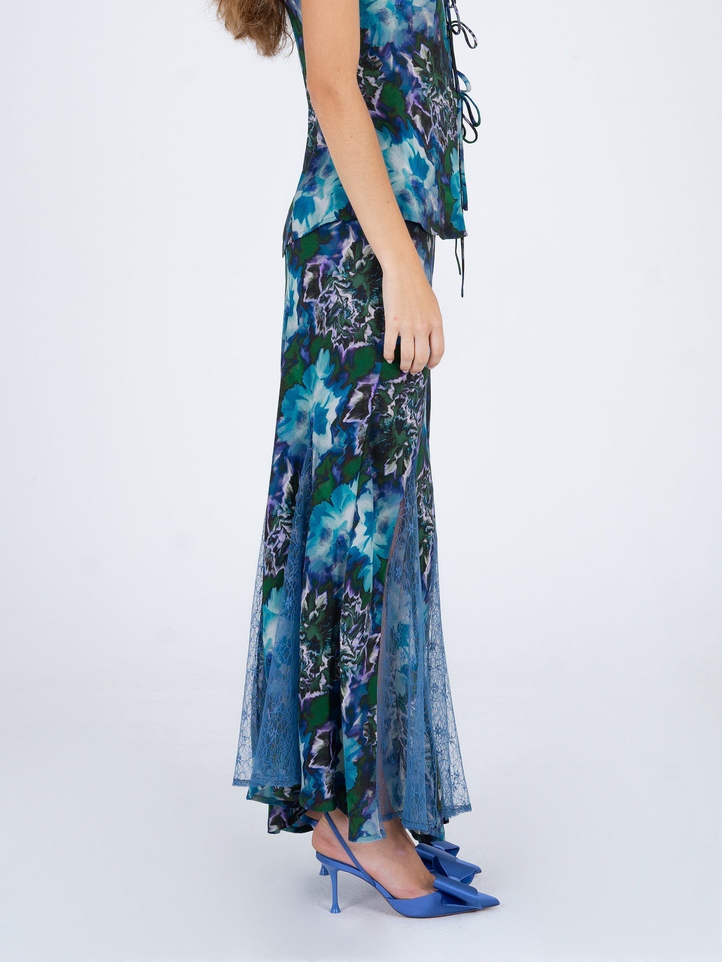 Blue Lotus Flower Print and Lace Skirt falda