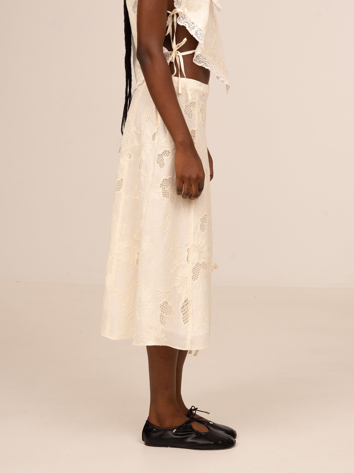 Sunlit Cream Embroidered Midi Skirt